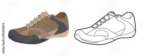 Hiking sneaker shoe flat plus line set. Grip sole footwear for gear guide, activewear design for man woman unisex. Technical fashion illustration, CAD mockup, mixed vector isolated rugged style.