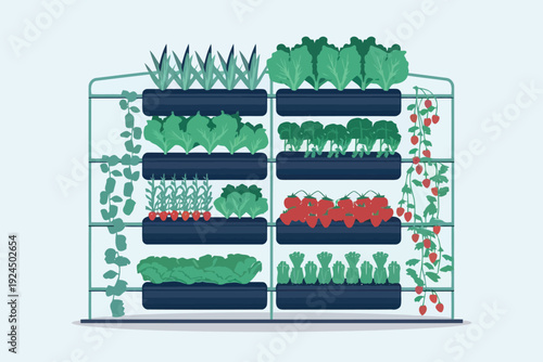 Vertical farming system showcasing diverse crop layers in an indoor setup
