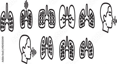 Illustrations of lungs and a thinking head depicting various conditions and health states. Vector