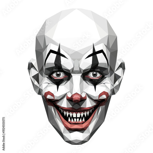 Scary Clown Face Low Poly Art, Spooky Halloween Character, White Background