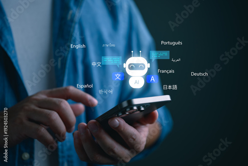 Businessman using smartphone with AI chatbot for instant language translation. Multilingual support concept with virtual icons of various languages for global communication and learning.