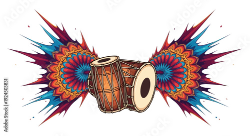 Vibrant illustration of two drums with colorful, abstract mandala designs, symbolizing the joy and celebration of Holi Festival, with a mix of orange, blue, and red hues