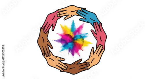 A vibrant illustration of diverse hands forming a circle around a colorful, starburst design with rainbow hues on a white background, symbolizing unity and celebration