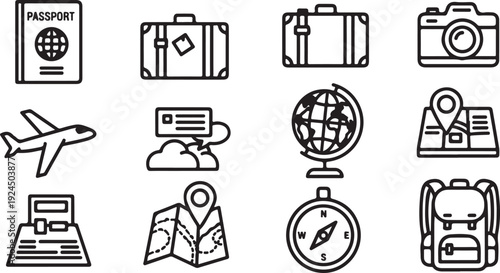 Collection of travel and adventure icons representing various aspects of journeying Vector
