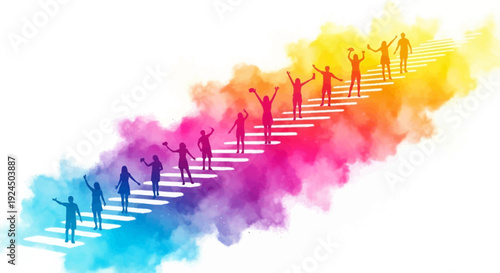 Vibrant illustration of people ascending a staircase with rainbow-colored smoke, conveying a joyful and celebratory mood for Holi Festival