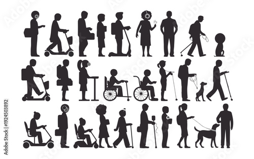 Diverse icons depicting various people with different mobility and support needs