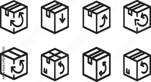 A collection of nine cube icons, each with distinct symbols and arrows indicating different directions. Vector