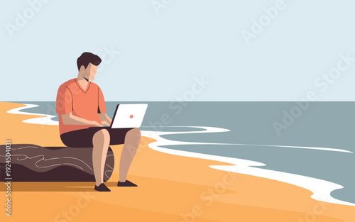 A person working on a laptop by the tranquil seaside on a sunny day