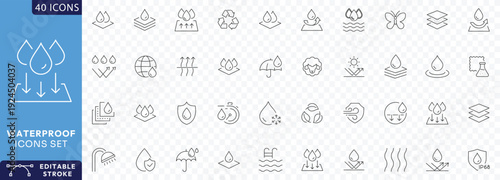 Waterproof icon set. Containing Water Protection, Water Resistant, Drops, Moisture, Anti Wetting Material, Hydrophobic, Weatherproof, Rain, Etc. Fully Editable. Vector illustration.