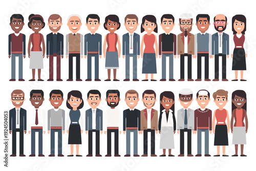 Diverse group of stylized cartoon characters standing in organized rows