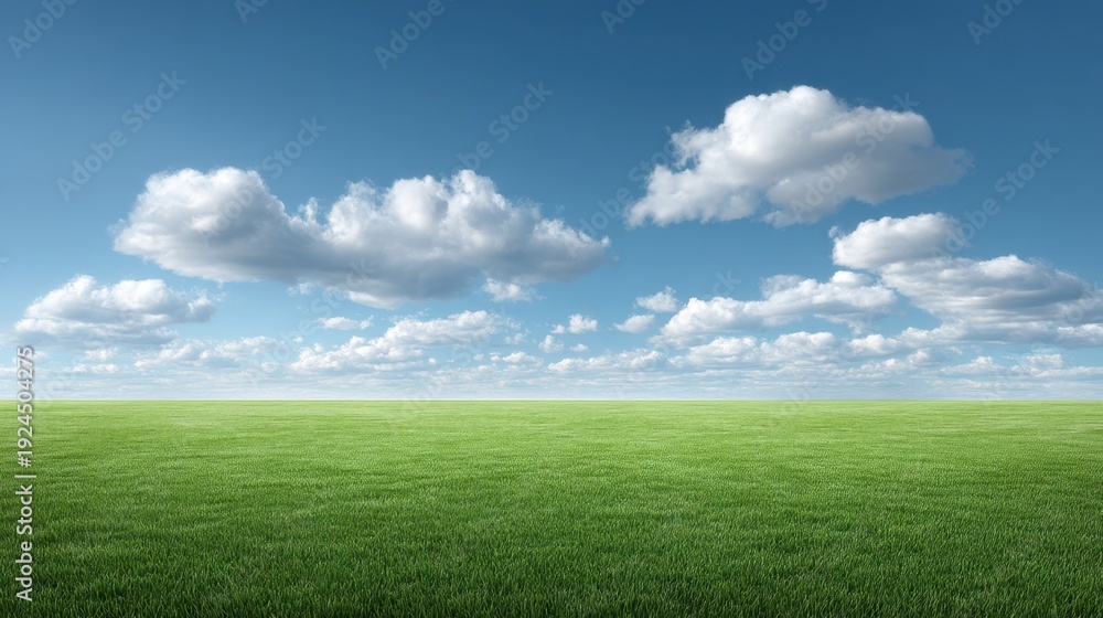 Fototapeta premium Expansive Green Grass Field Under a Bright Blue Sky with Fluffy White Clouds in a Beautiful Natural Landscape Scene
