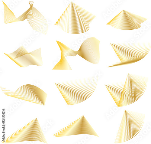 Set of Golden Abstract Geometric Shapes with Curved Lines and Metallic Gradient