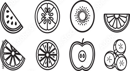A collection of eight different fruits and vegetables illustrated in black and white Vector
