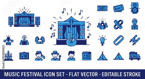 Collection of blue music festival icons including stage guitar and performers in flat vector style on white background with editable stroke