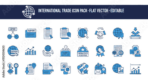International trade icons set with global business symbols and graphics for commercial use in presentations and marketing materials