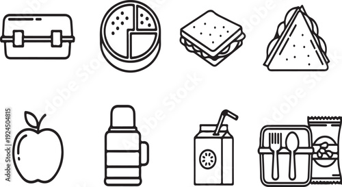 Variety of food items and kitchen tools illustrated in a simple line drawing Vector