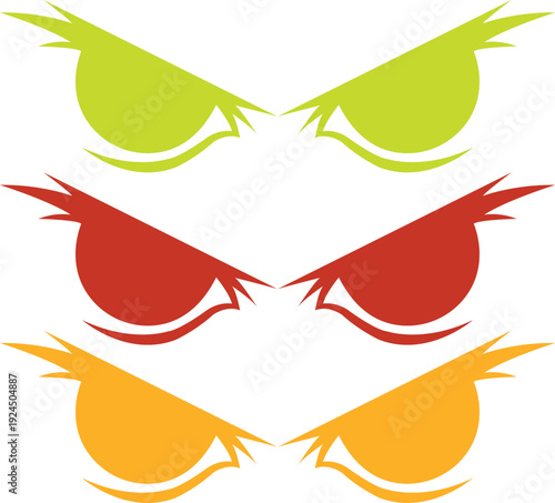 Collection of three pairs of stylized angry or evil looking eyes icons in bright contrasting colors