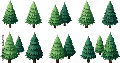 Collection of green pine tree silhouettes isolated on white background, evergreen forest vector illustration set, detailed conifer trees for nature, landscape, and winter design projects