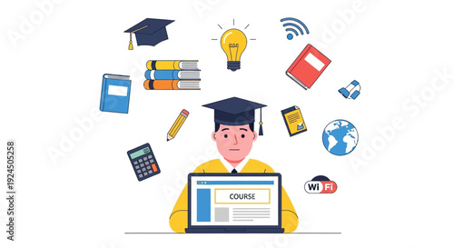 A young man using a laptop surrounded by education icons and online course materials in a modern setting