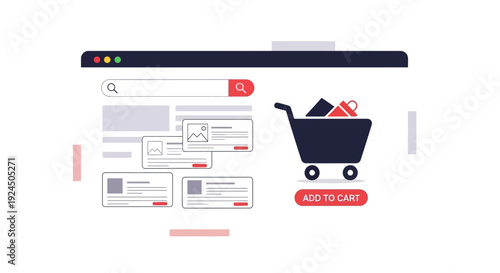 Online shopping cart interface with search functionality and add to cart button on digital device screen