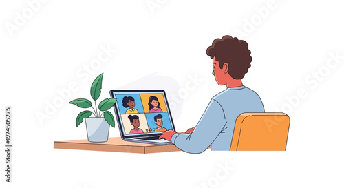 A person is working on a laptop with a video call on the screen, sitting at a desk with a plant nearby, viewed from behind.