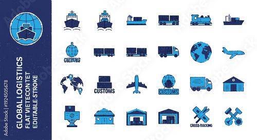 Global logistics icons set with editable vector graphics for supply chain and transportation