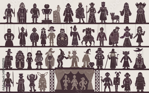 Diverse silhouettes of historical and cultural figures in various poses and attire