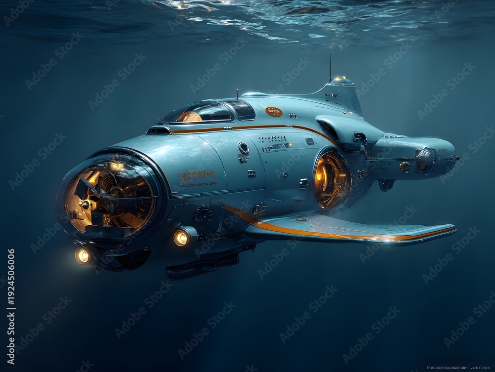 Naklejka premium A submarine is submerged in the ocean with the sun shining in. The scene is underwater, and you can see details like portholes and the overall design