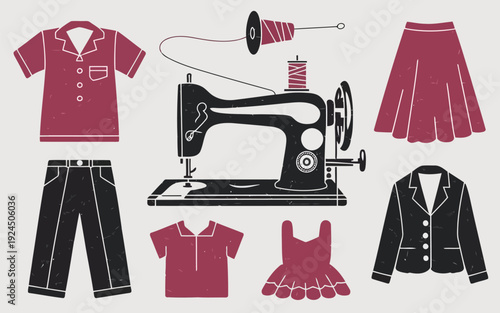 Vintage sewing collection featuring classic clothing and a retro sewing machine