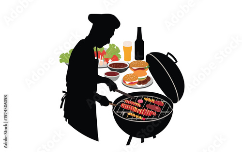 Chef grilling burgers and preparing food at an outdoor barbecue party