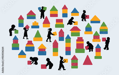 Children playing with colorful geometric building blocks in a playful arrangement