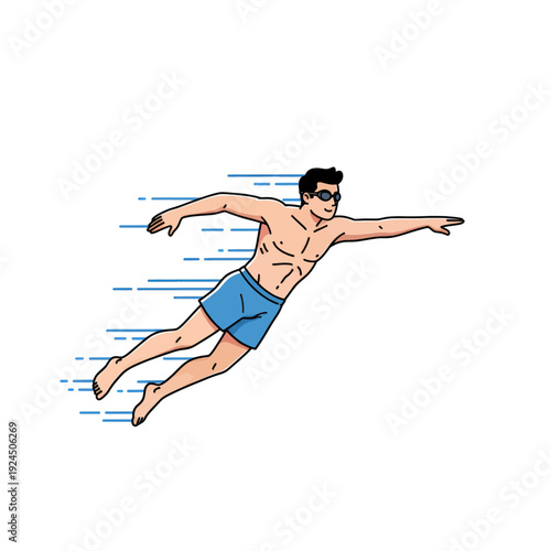 Man in blue swimwear diving into water with dynamic motion.