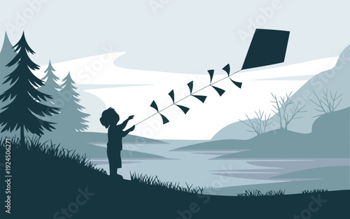 A solitary figure flying a kite amidst a serene, misty landscape.