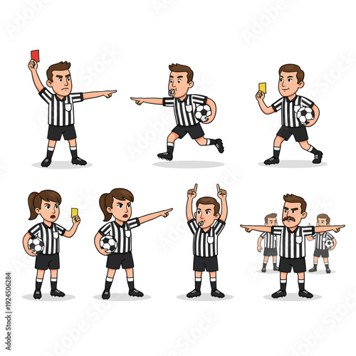 Cartoon soccer referees showing various gestures and signals.