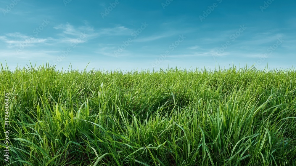 Obraz premium Vibrant Green Grass Field Under a Clear Blue Sky with Soft Clouds, Symbolizing Nature's Beauty and Tranquility in a Rural Landscape Setting