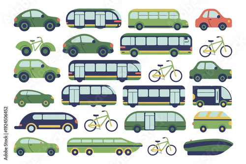 Colorful assortment of various transportation vehicles and modes