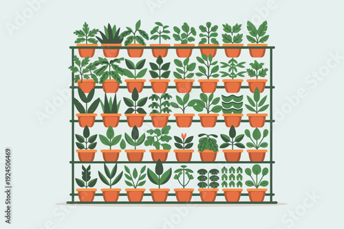 Vibrant geometric pattern featuring stylized potted plants and vegetables