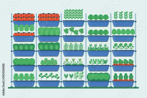 Vertical farming system showcasing diverse plant cultivation in stacked trays