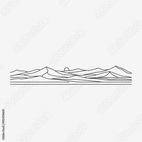 Serene mountain landscape with a setting sun, viewed from a distant horizon, illustrated artwork