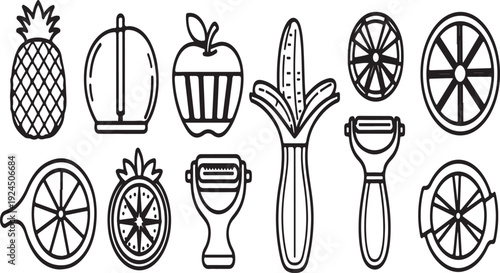 A collection of various fruits and vegetables with their respective tools Vector