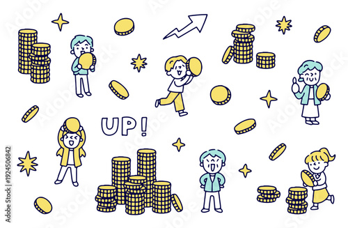 コインと喜ぶ人物のイラストセット