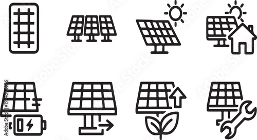 Icons representing various aspects of solar energy and its applications Vector