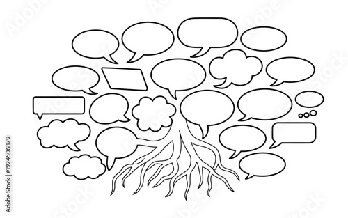 A collection of diverse speech and thought bubble shapes in a clustered arrangement.