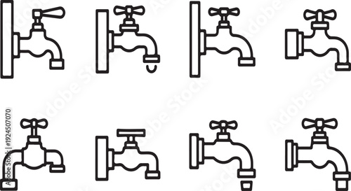 Eight different types of faucets with varying designs and water flow directions Vector