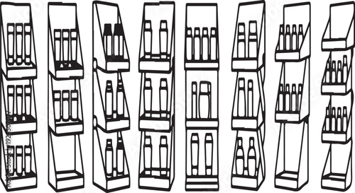 A collection of various bookstore shelves filled with different types of books. Vector