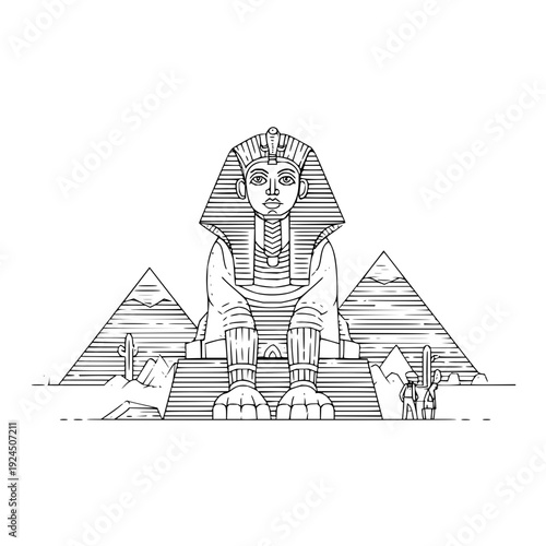 Great Sphinx of Giza sitting in front of Pyramids, Egypt, Line Art