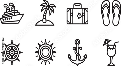 Eight icons representing travel, vacation, and leisure activities. Vector