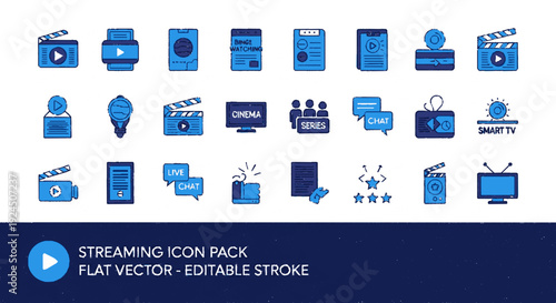Collection of blue streaming service icons including play pause and settings in flat vector design for media and entertainment applications