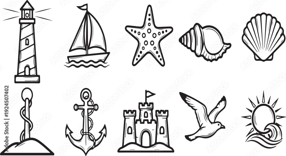 Fototapeta premium Assorted nautical and beach-themed illustrations in a single line Vector