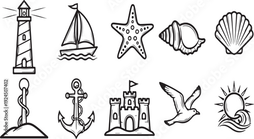 Assorted nautical and beach-themed illustrations in a single line Vector
